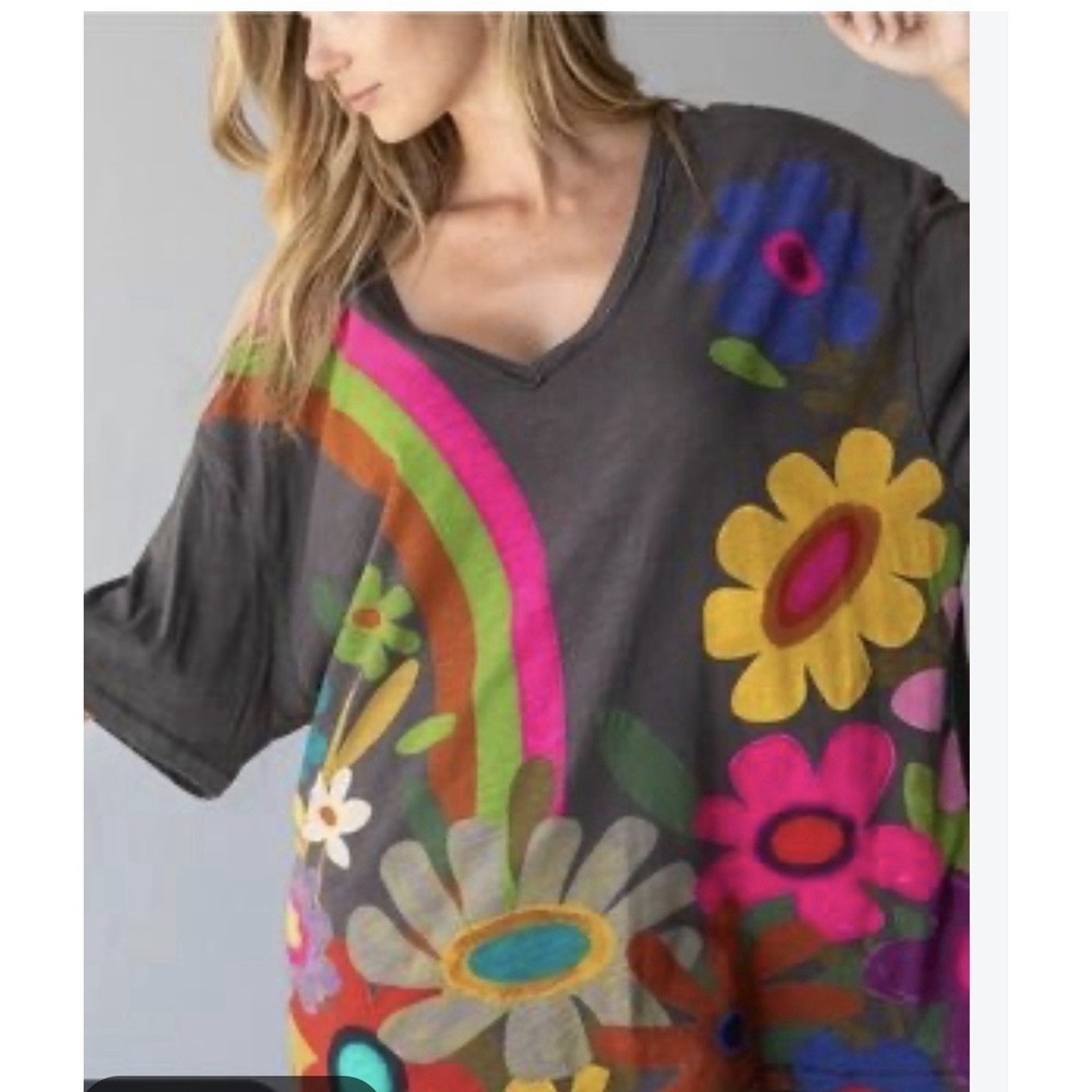 NATURAL LIFE Devon SHORT SLEEVE Buttersoft TOP Women's OS Painted Garden Boho